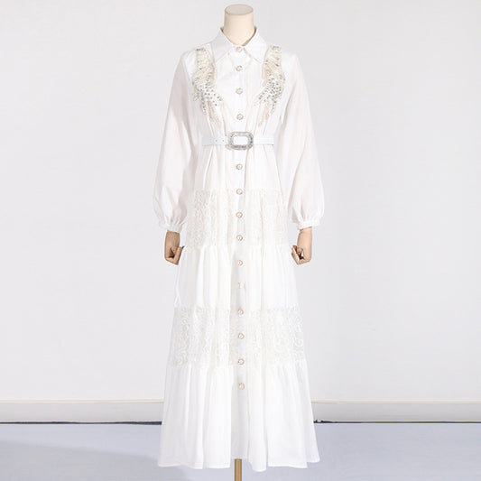 Socialite Elegant Dress Summer Collared Embroidery Water Soluble Floral Patchwork Waist Slimming Maxi Dress for Women