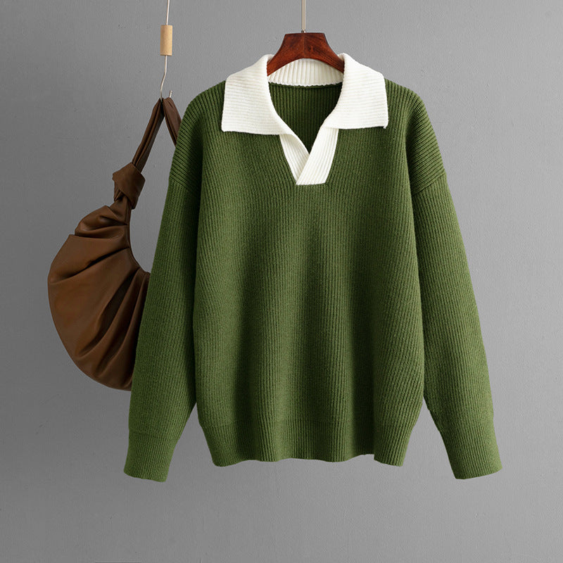 Autumn Winter Knitted Top Women Color Matching Polo Collar Loose Pullover Sweater Outerwear Sweater - Iyanka