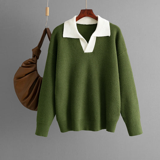 Autumn Winter Knitted Top Women Color Matching Polo Collar Loose Pullover Sweater Outerwear Sweater - Iyanka