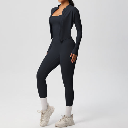 Skinny Yoga Pants High Waist Nude Feel Camisole Sports Zip Long Sleeve Coat Workout Clothes Three Piece Set - Iyanka