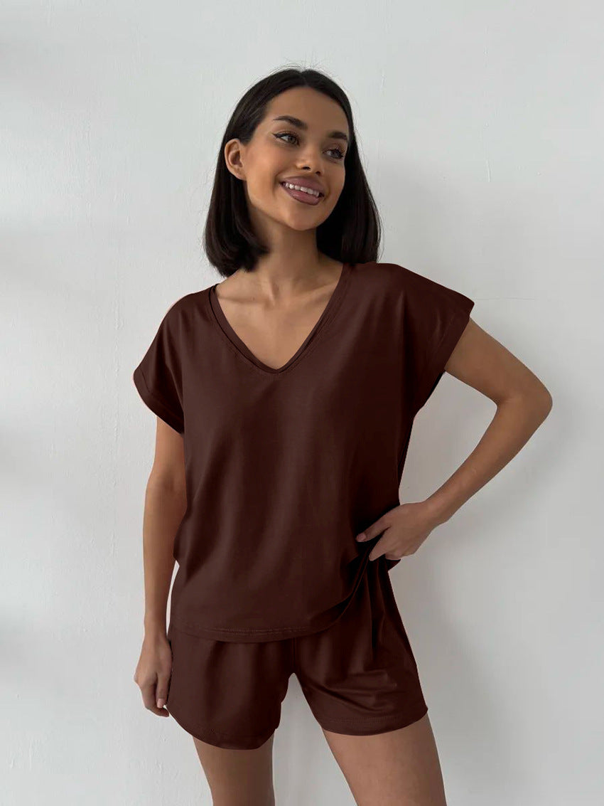 Ladies Pajamas Summer Thin Loose Comfortable Knitted Solid Color Short Sleeve Shorts Two Piece Home Wear - Iyanka