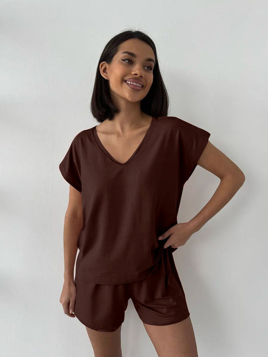 Ladies Pajamas Summer Thin Loose Comfortable Knitted Solid Color Short Sleeve Shorts Two Piece Home Wear - Iyanka