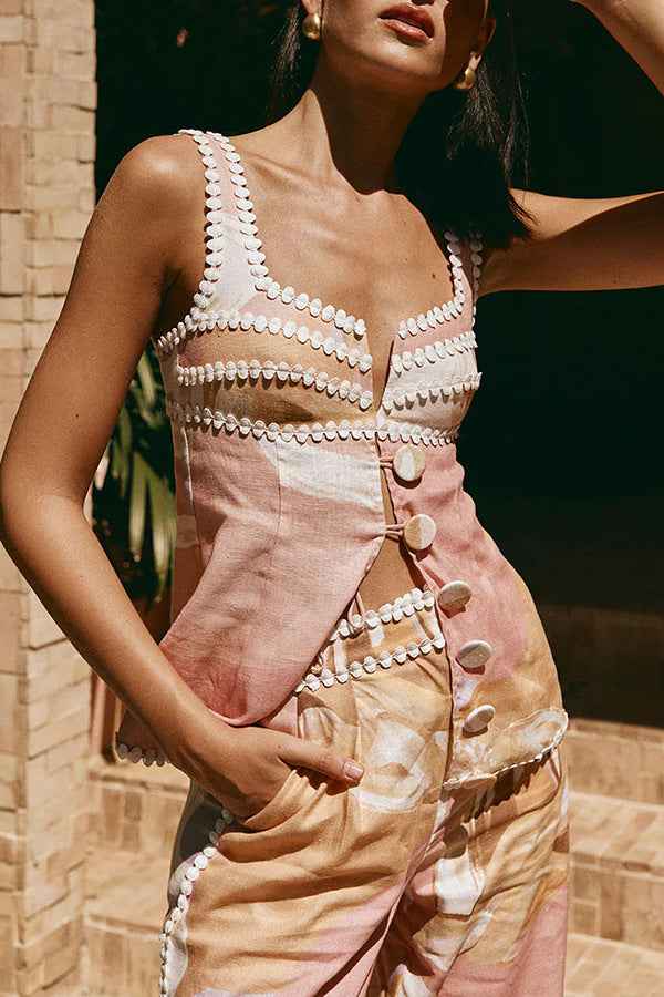 Spring Summer Sleeveless Vest Pants Printing Vacation Pocket Two Piece Set