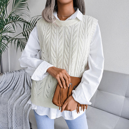 Autumn Winter round Neck Hollow Out Cutout Leaves Casual Knitted Vest Sweater Women Clothing - Iyanka
