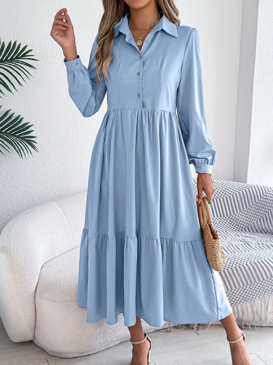 Autumn Winter Collared Casual Loose Long Sleeve Ruffled Shirt Dress Women Clothing