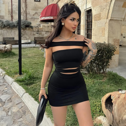 Summer off Shoulder Tube Top Sexy Irregular Asymmetric Hollow Out Cutout out Solid Color Sheath Dress