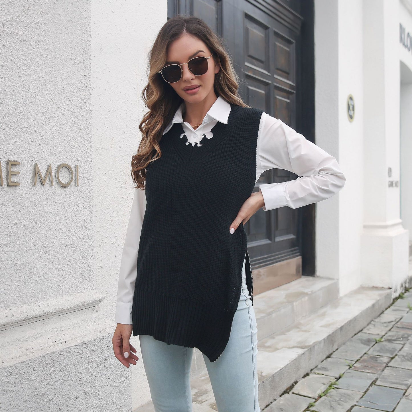 Personalized Side Zipper Split V-neck Vest Knitted Sweater Women Ripped Vest Outer Wear Women Clothing Sweater - Iyanka