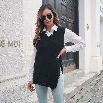 Personalized Side Zipper Split V-neck Vest Knitted Sweater Women Ripped Vest Outer Wear Women Clothing Sweater - Iyanka