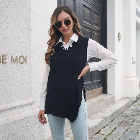 Personalized Side Zipper Split V-neck Vest Knitted Sweater Women Ripped Vest Outer Wear Women Clothing Sweater - Iyanka