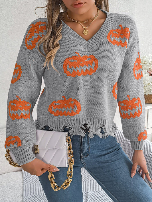 Autumn Winter Halloween Contrast Color Pumpkin Cut Rotten Long Sleeve Pullover Women Clothing - Iyanka
