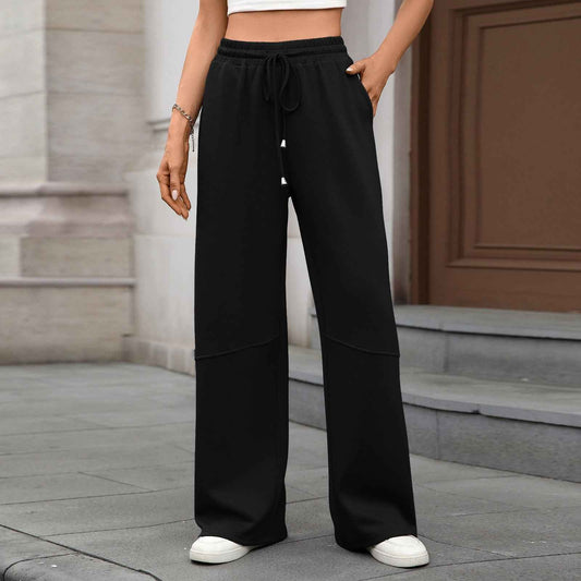 Autumn Winter Solid Color Elastic Waist Drawstring Pocket Wide Leg Pants Trousers for Women