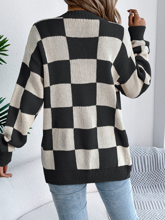Autumn Winter Contrast Color Plaid Lantern Sleeve Cardigan Sweater Mid Length Coat Women Clothing - Iyanka