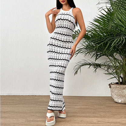 Women Clothing Sexy Sleeveless Hollow Out Cutout Striped Dress Beach Cover up - Iyanka