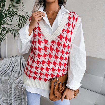 Autumn Winter V-neck Houndstooth Casual Loose Knitted Vest Sweater Waistcoat Women Clothing - Iyanka