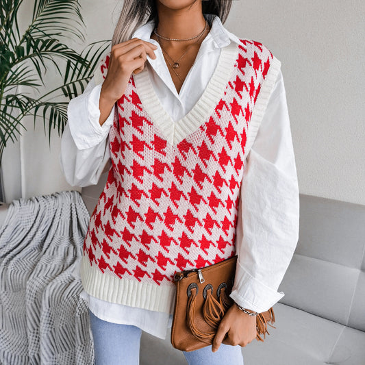 Autumn Winter V-neck Houndstooth Casual Loose Knitted Vest Sweater Waistcoat Women Clothing - Iyanka