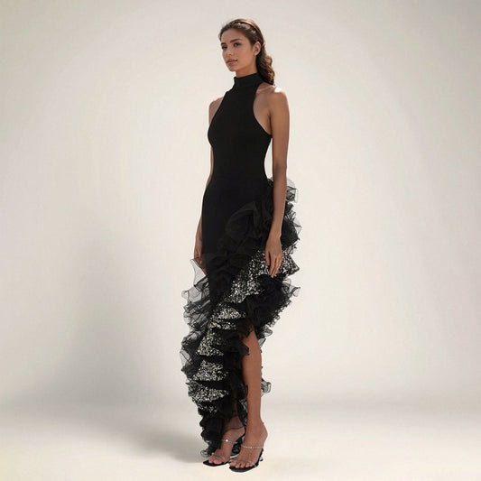 Ruffled Black Mesh Asymmetric Dress Long Party Sexy Cocktail Bandage Dress for Women - Iyanka