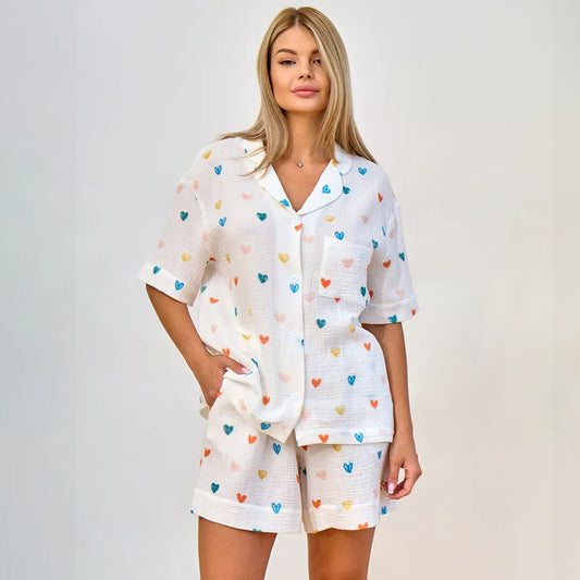 Summer Layer Crepe Heart Printing Pajamas Two Piece Cardigan Half Sleeve Shorts Women Homewear - Iyanka