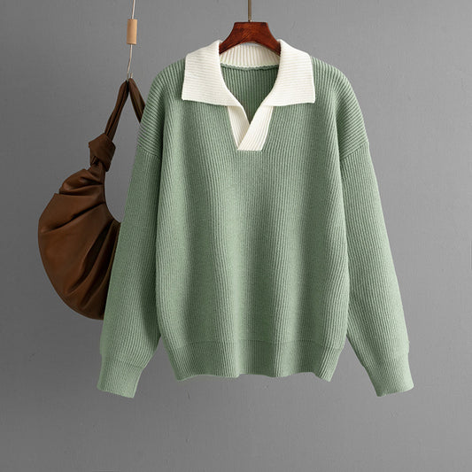 Autumn Winter Knitted Top Women Color Matching Polo Collar Loose Pullover Sweater Outerwear Sweater - Iyanka