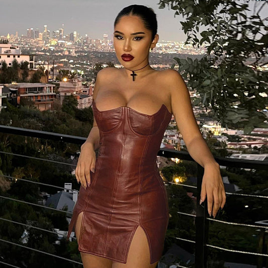 Women Clothing Faux Leather Personality Off Neck Low Cut Sexy Tight Sleeveless Backless Dress - Iyanka