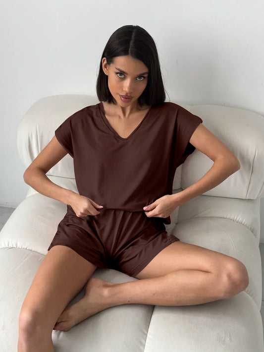 Ladies Pajamas Summer Thin Loose Comfortable Knitted Solid Color Short Sleeve Shorts Two Piece Home Wear - Iyanka