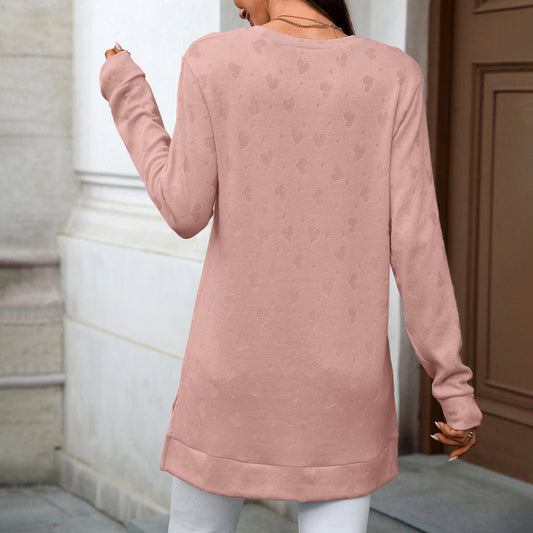 Autumn Winter Solid Color round Neck Loose Long Sleeve Split T shirt Top Women - Iyanka