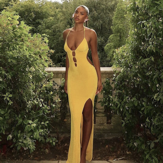 Summer Women Clothing Sexy Hollow Out Cutout out Backless V neck Slim Fit Slit Solid Color Long Halter Dress Women