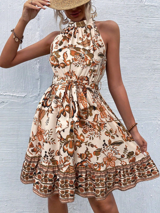 Summer Women Clothing Floral Tight Waist Halter Lace up Dress