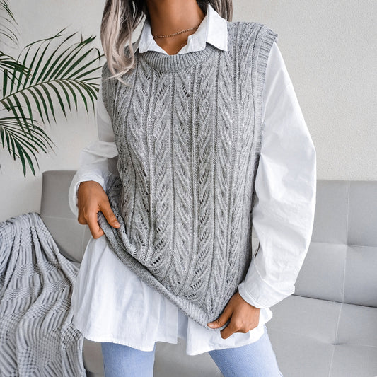 Autumn Winter round Neck Hollow Out Cutout Leaves Casual Knitted Vest Sweater Women Clothing - Iyanka