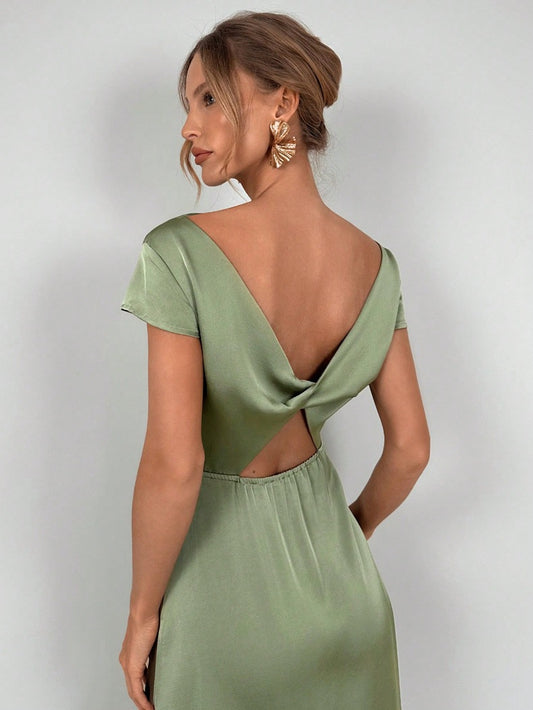 Women Clothing High Grade Summer Split Artificial Silk Dress Satin Long Dress - Iyanka