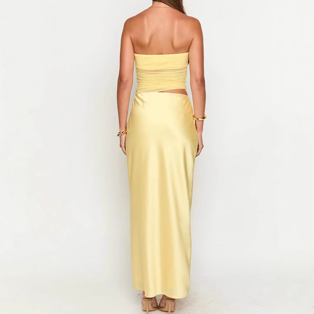 Sexy Tube Top Hollow Out Cutout Backless Yellow Dress French High Grade Satin Dress Sexy Summer Beautiful Dress - Iyanka