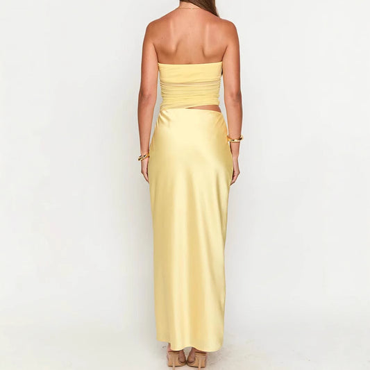 Sexy Tube Top Hollow Out Cutout Backless Yellow Dress French High Grade Satin Dress Sexy Summer Beautiful Dress - Iyanka
