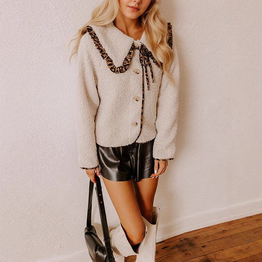 Autumn Winter Leopard Splicing Doll Collar Lace up Single Row Multi Buckle Design Lamb Plush Coat Women - Iyanka