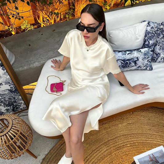 Simple round Neck Short Sleeve High Waist Dress Russian Women Casual Satin Draping Split Sheath Dress - Iyanka
