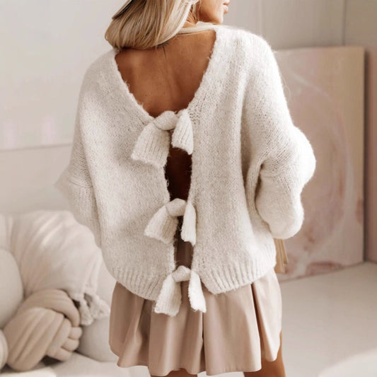 Autumn Winter Bow Tie Women Knitwear Sexy Backless Loose Sweater Top - Iyanka