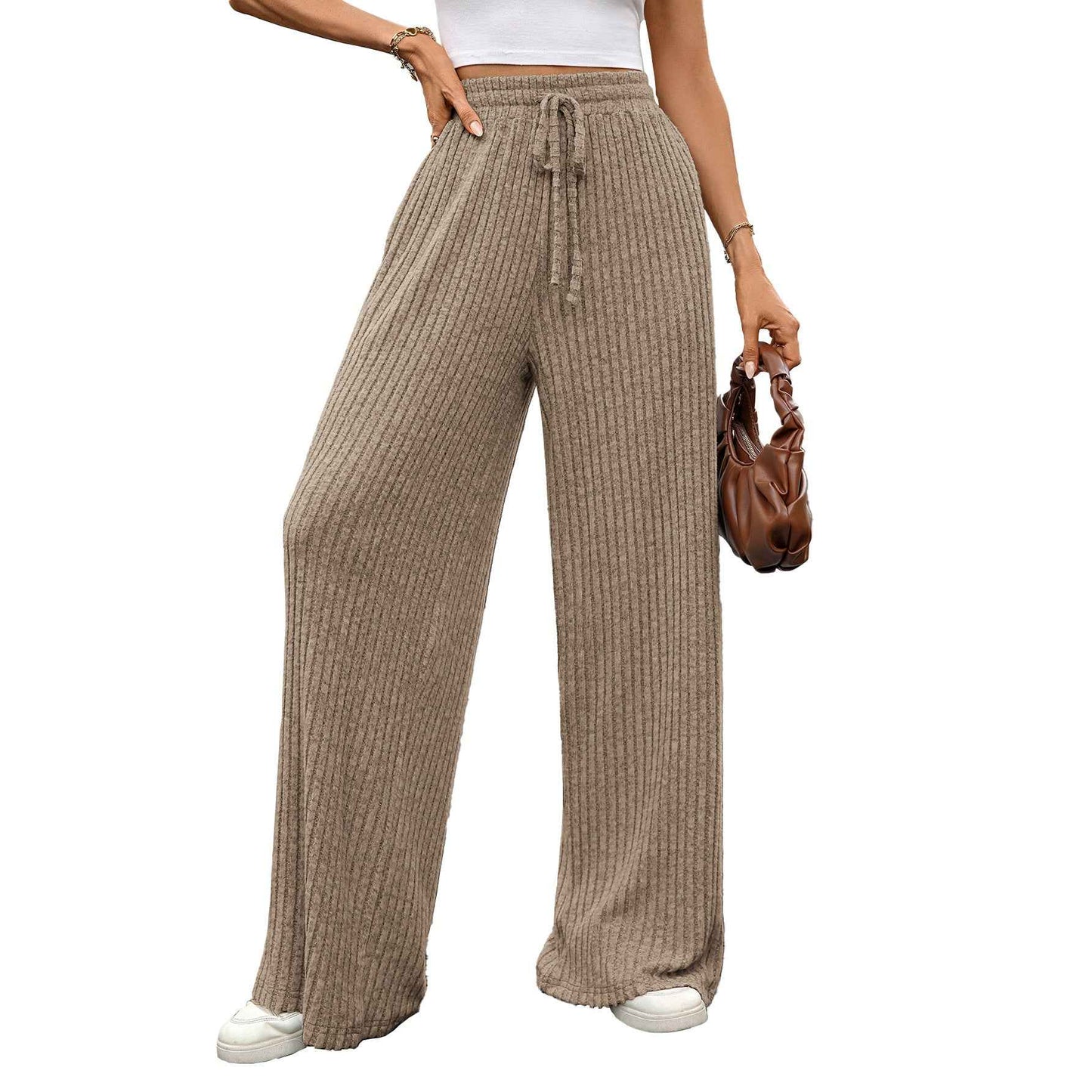 Autumn Winter Solid Color Drawstring Sunken Stripe Brushed Elastic Waist Casual Trousers
