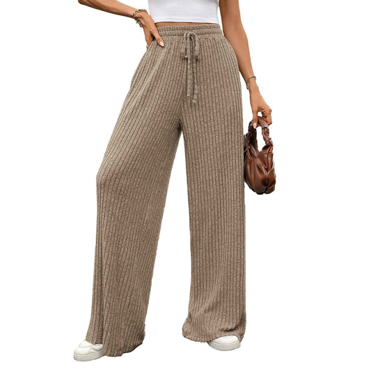 Autumn Winter Solid Color Drawstring Sunken Stripe Brushed Elastic Waist Casual Trousers