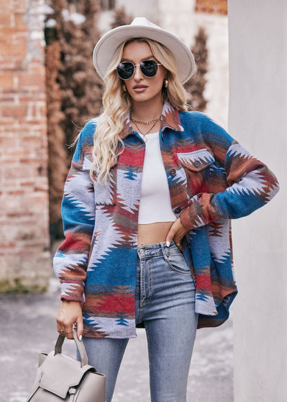 Women Autumn Winter Aztec Geometric Abstract Jacket Shirt Collared Woolen Coat - Iyanka