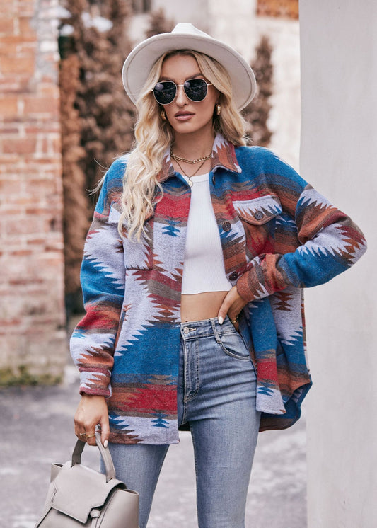 Women Autumn Winter Aztec Geometric Abstract Jacket Shirt Collared Woolen Coat - Iyanka