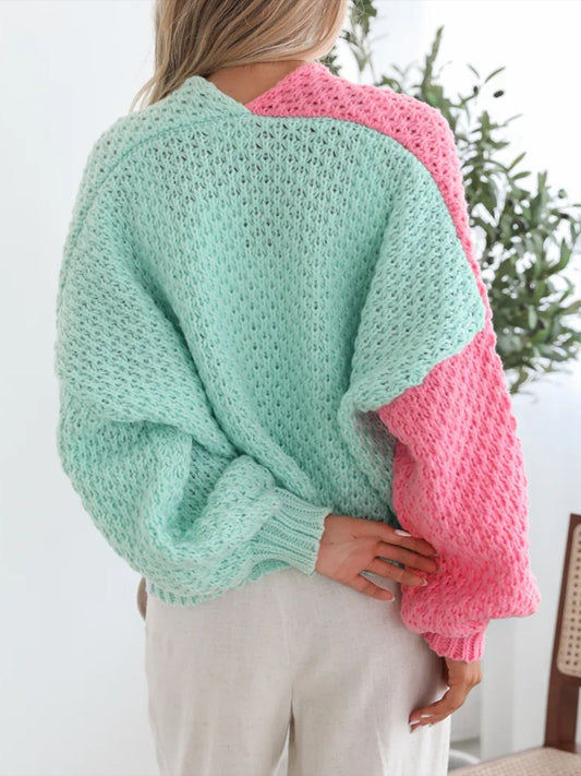 Idle Knitted Pocket Sweater Cardigan Coat Women Thick Needle Contrast Color Single Breasted V neck Top - Iyanka