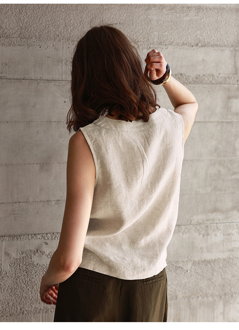 Summer All Linen Women Vests Special Interest Design V neck Sleeveless Top Solid Color Vest - Iyanka