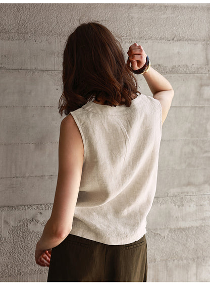Summer All Linen Women Vests Special Interest Design V neck Sleeveless Top Solid Color Vest - Iyanka
