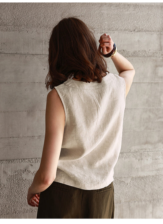 Summer All Linen Women Vests Special Interest Design V neck Sleeveless Top Solid Color Vest - Iyanka