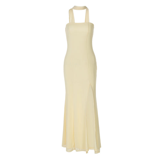 Women Clothing Summer Tube Top Slit Slim Fitting Solid Color Dress