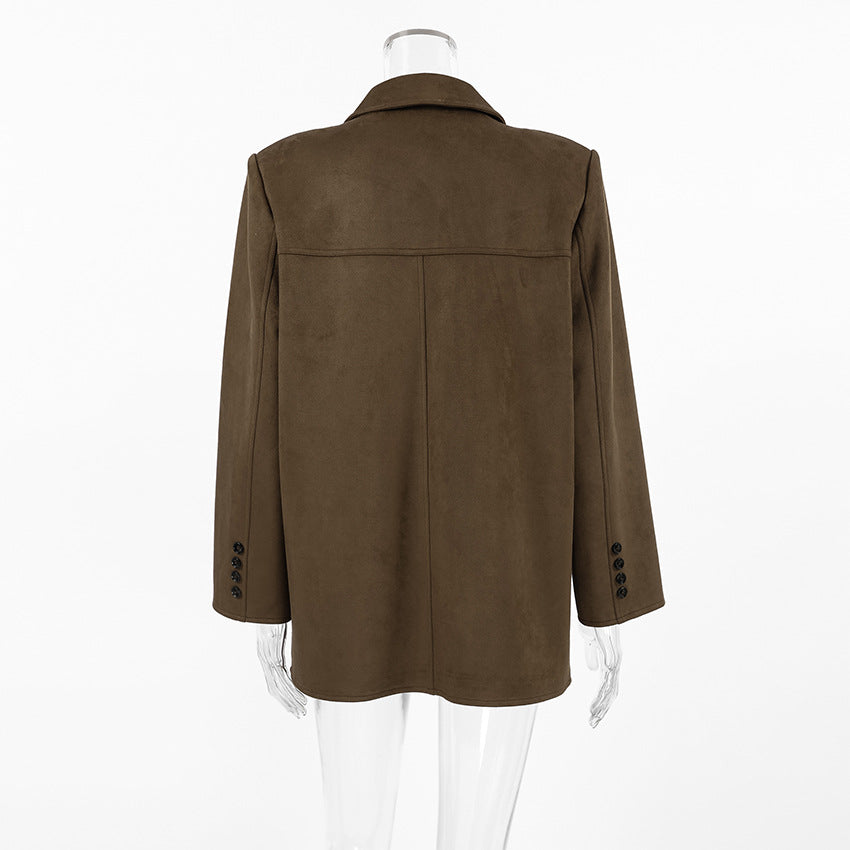 Brown Brushed Velvet Retro Lapels Loose Suede Coat Autumn Winter Maillard Blazers Women - Iyanka