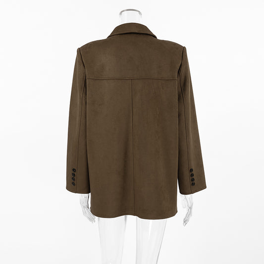 Brown Brushed Velvet Retro Lapels Loose Suede Coat Autumn Winter Maillard Blazers Women - Iyanka