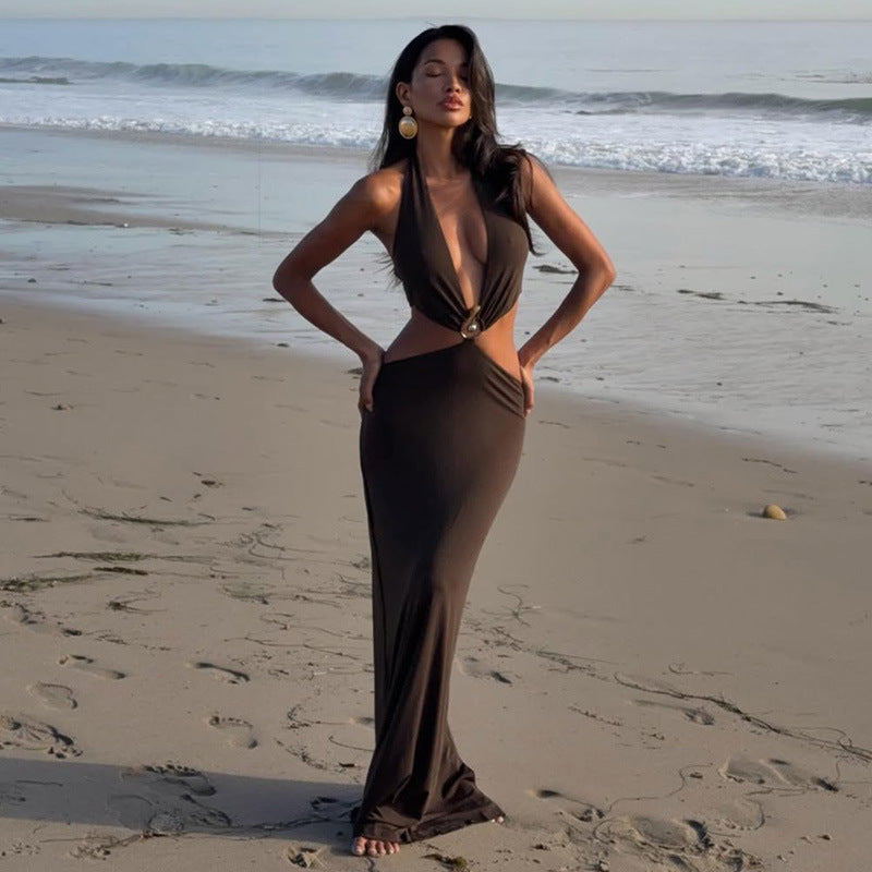 Summer Sexy Hollow Out Cutout Corset Stitching round Decoration Slim Fit Long Halter Dress