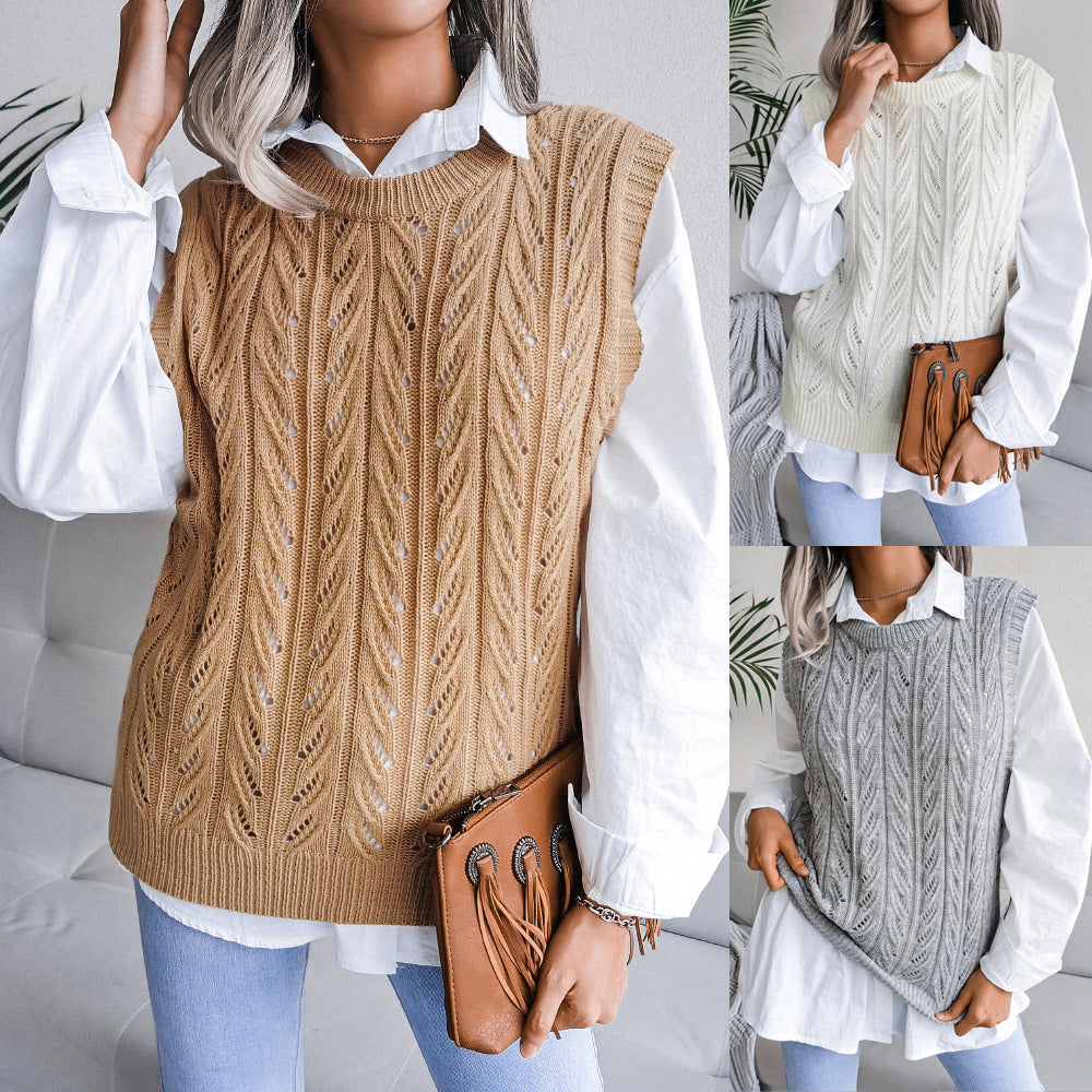 Autumn Winter round Neck Hollow Out Cutout Leaves Casual Knitted Vest Sweater Women Clothing - Iyanka