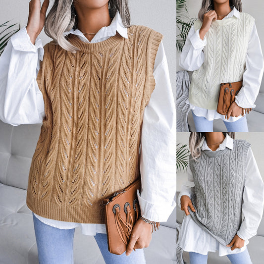Autumn Winter round Neck Hollow Out Cutout Leaves Casual Knitted Vest Sweater Women Clothing - Iyanka
