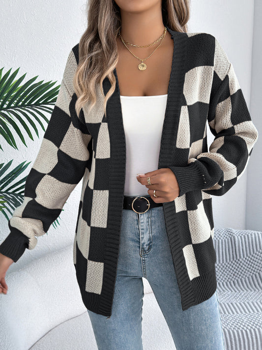 Autumn Winter Contrast Color Plaid Lantern Sleeve Cardigan Sweater Mid Length Coat Women Clothing - Iyanka
