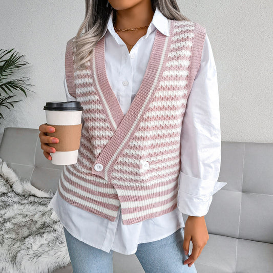 Stripe College Knitted Vest Sweater Women Clothing - Iyanka
